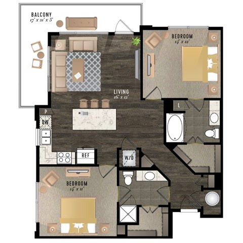 A floor plan of a house with a balcony, living room, dining room, kitchen, and three bedrooms.